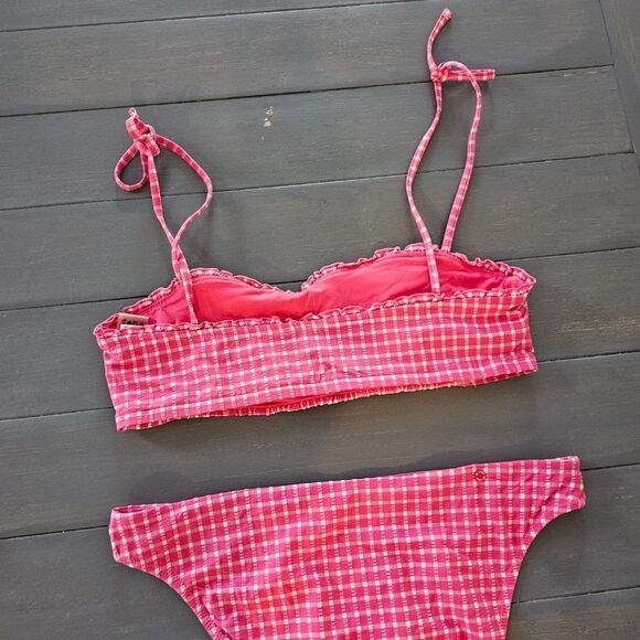 Red Carter Amour Gingham Shirred Bandeau Bikini Top & Bottom Set Size Large - Picture 9 of 15